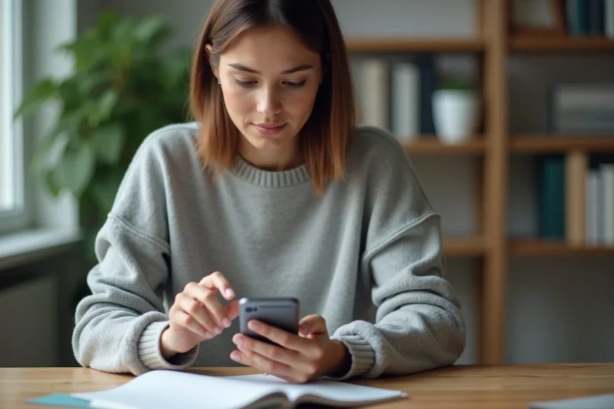 Jeune femme paramétrant son compte webmail sur smartphone depuis un bureau à domicile