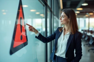 Jeune femme en bureau pointant un logo rouge et noir