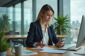 Jeune femme d'affaires utilisant son smartphone dans un bureau moderne