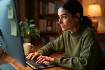 Femme utilisant les touches flèches d'un clavier mécanique pour mémoriser des raccourcis clavier à son bureau à domicile