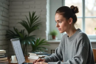Femme consultant des résultats de recherche Google sur un ordinateur portable dans un bureau à domicile moderne