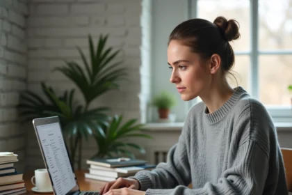Femme consultant des résultats de recherche Google sur un ordinateur portable dans un bureau à domicile moderne