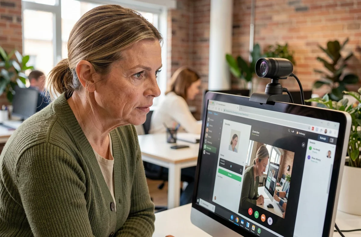 Femme vérifiant les paramètres de caméra Zoom sur un grand écran de bureau dans un espace de coworking