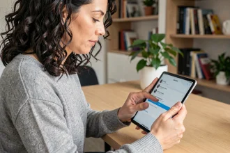 Femme tenant une tablette Samsung affichant le menu des paramètres pour effectuer une réinitialisation d'usine