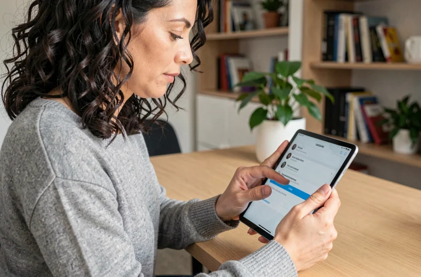 Femme tenant une tablette Samsung affichant le menu des paramètres pour effectuer une réinitialisation d'usine