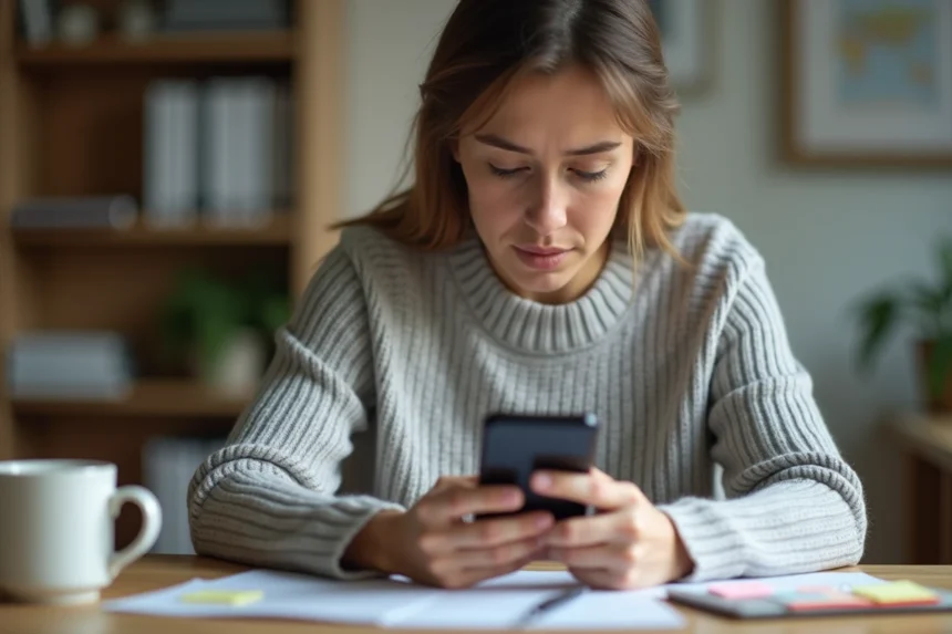 Femme utilisant son smartphone pour retrouver des messages supprimés via l'historique de sauvegarde