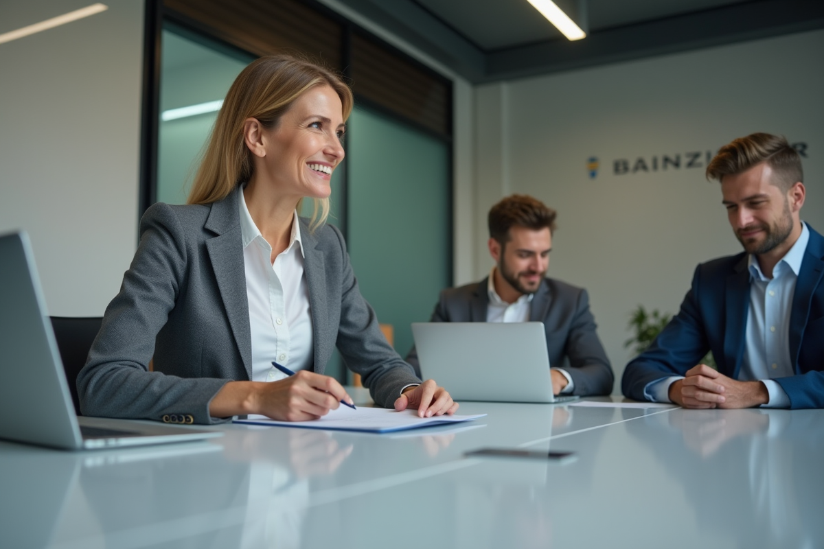 Femme professionnelle en réunion avec collègues autour d