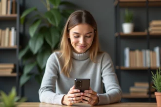 Femme consultant les paramètres d'autonomie du Samsung Galaxy S24 FE dans un bureau à domicile moderne