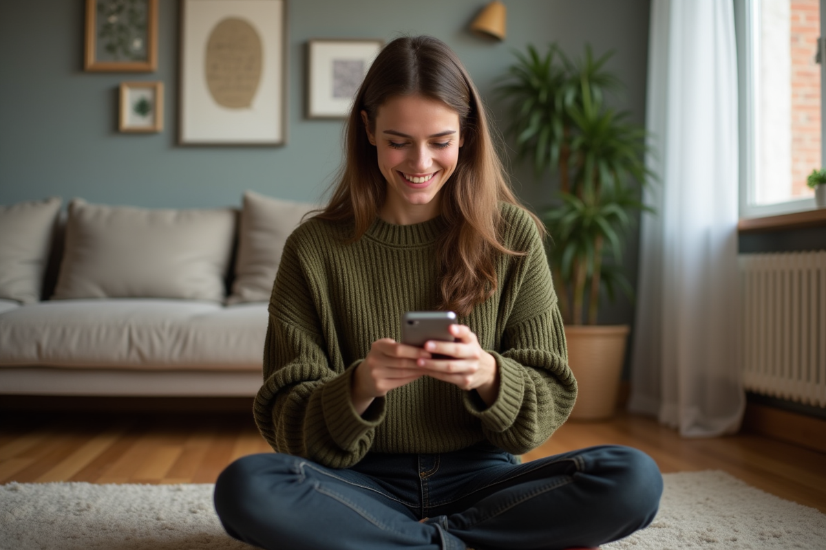 Femme souriante envoyant des messages dans un salon moderne