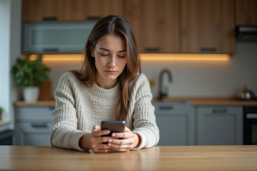 Jeune femme hésitant avant de taper son numéro sur son téléphone