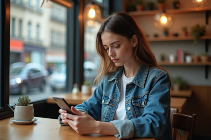 Jeune femme utilisant une application de sécurité sur son smartphone au café