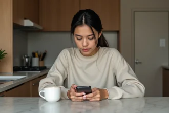Jeune femme curieuse utilisant son smartphone dans la cuisine