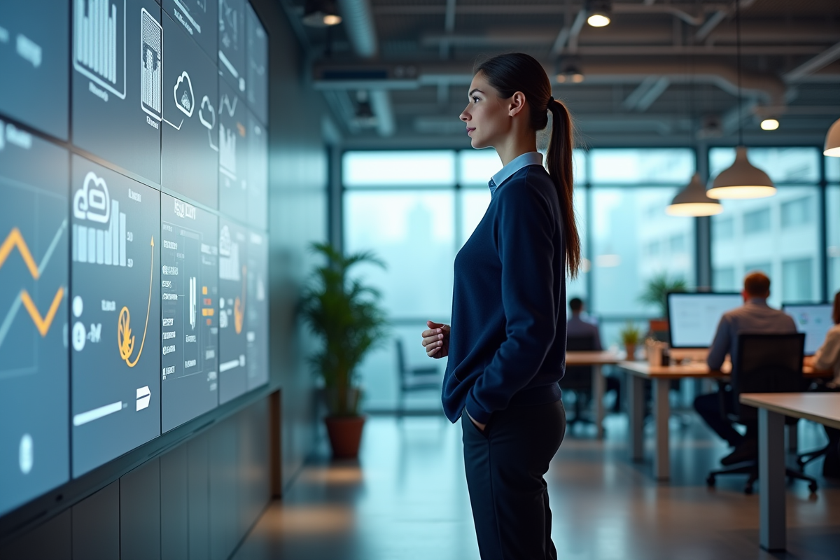Jeune femme regardant un écran interactif dans un espace de travail
