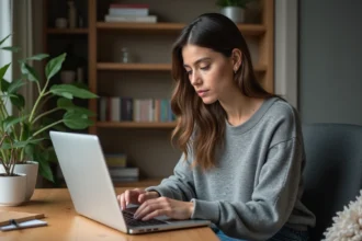 Femme concentrée sur son ordinateur dans un bureau à domicile