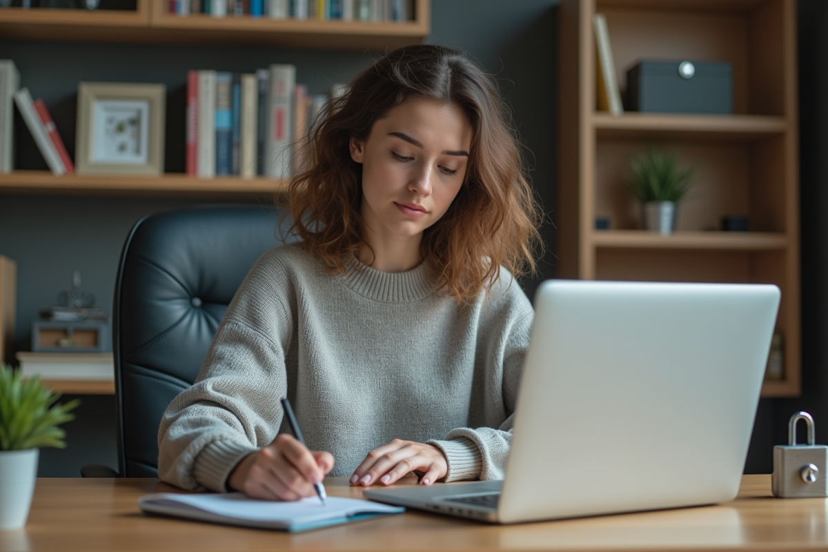 Jeune femme travaillant sur son ordinateur à la maison