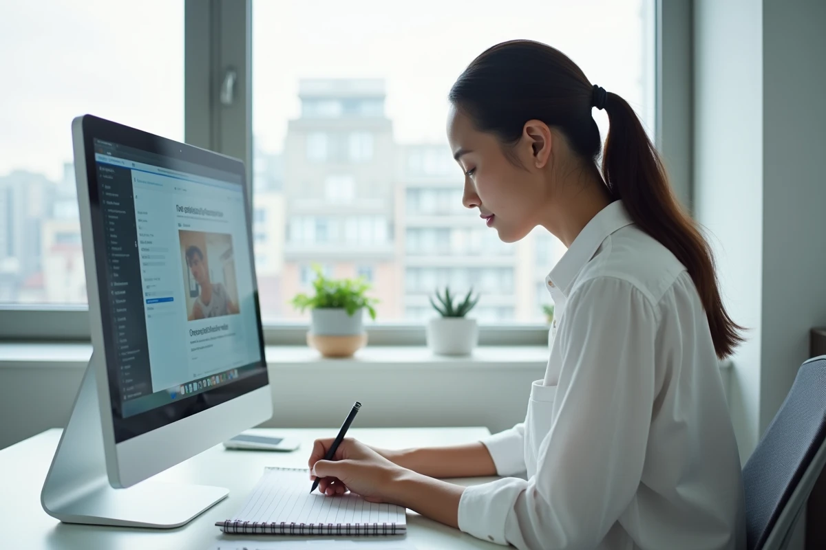 Femme consultant un tutoriel en ligne pour trouver une alternative à un site de téléchargement MP4