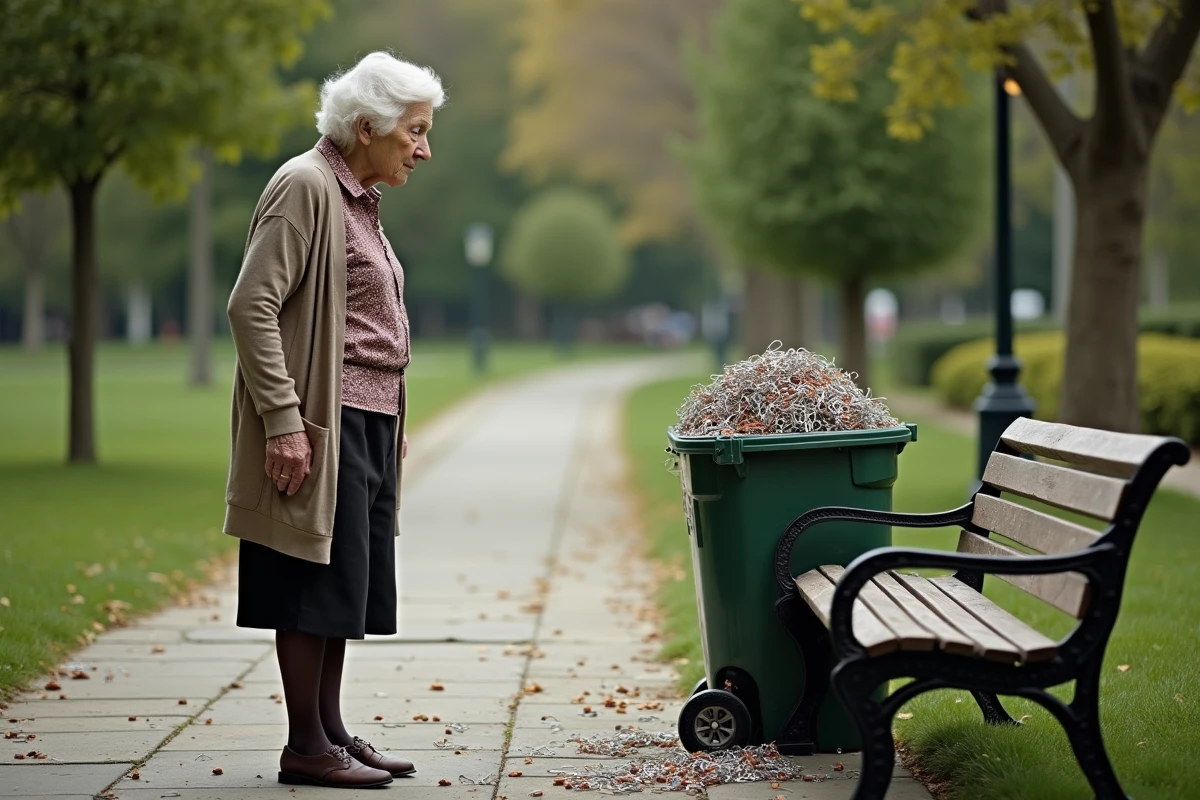 Femme âgée regardant un bac à clips dans un parc