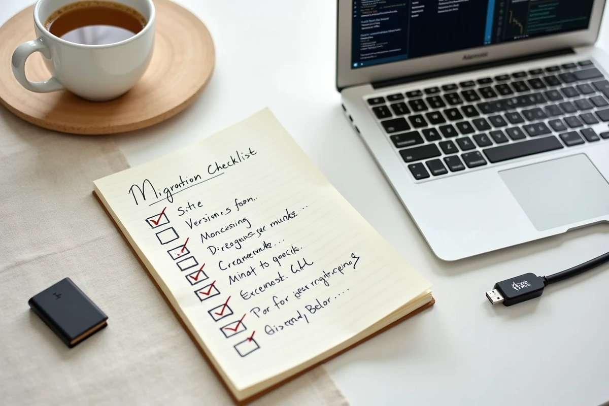 Vue aérienne d'un bureau avec un cahier de notes de migration Citrix UPL, un laptop affichant la console de gestion et une tasse de café dans un espace de travail épuré