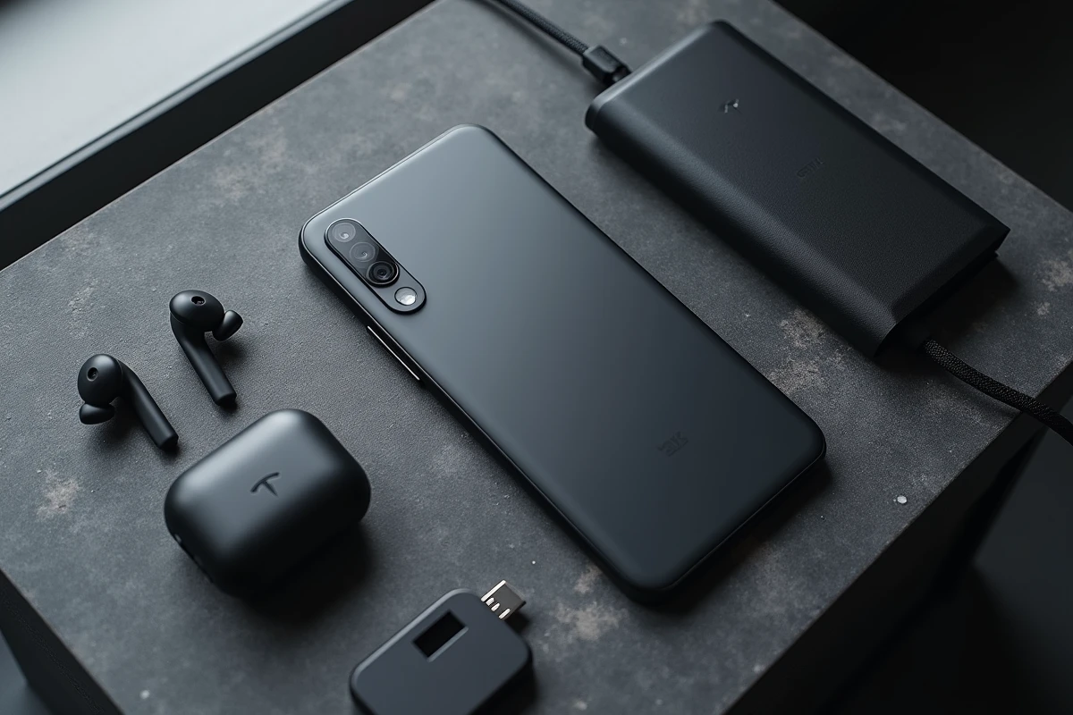Flat-lay du Portable.tesla avec accessoires tech sur béton foncé pour article de test en 2026