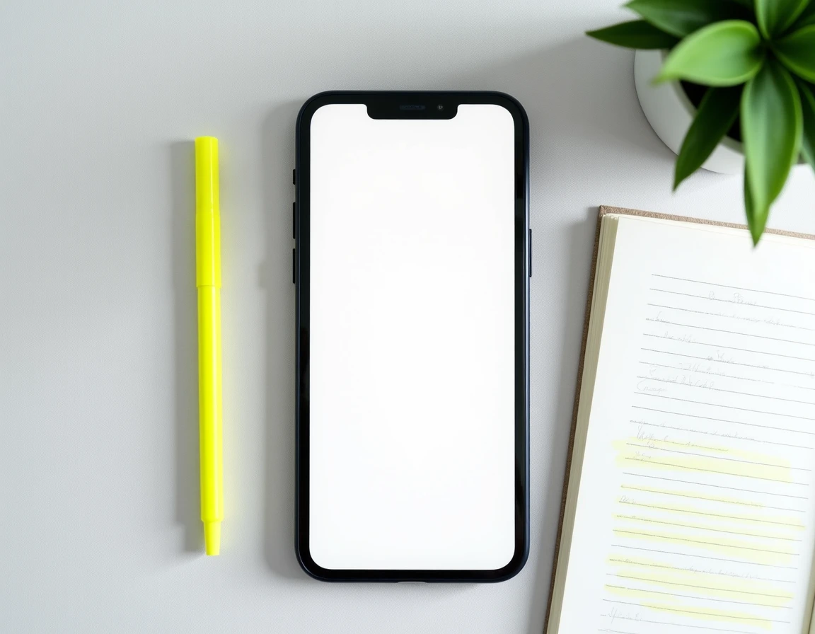 Vue de dessus d'un smartphone affichant WhatsApp avec du texte en gras et italique comme alternative au surlignage, posé à côté d'un stabilo jaune sur un bureau minimaliste