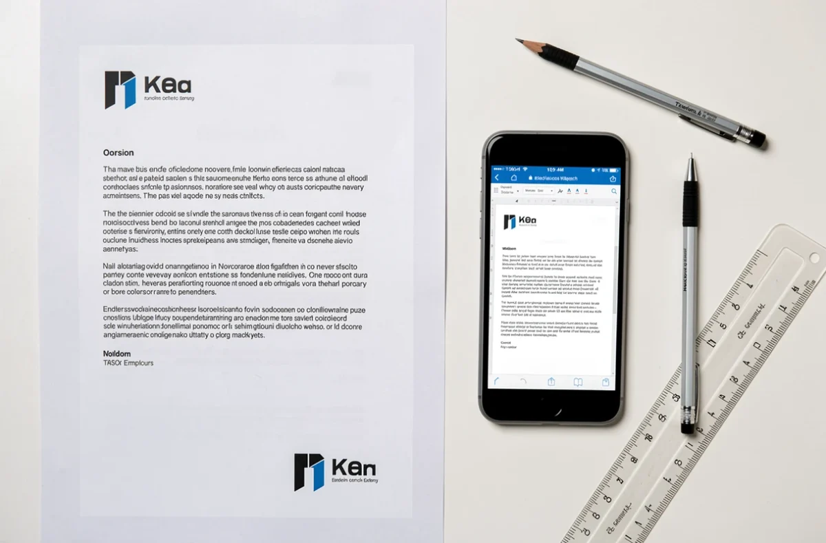 Vue aérienne d'une feuille imprimée avec effet miroir posée à côté d'un smartphone affichant le fichier Word original sur un bureau blanc