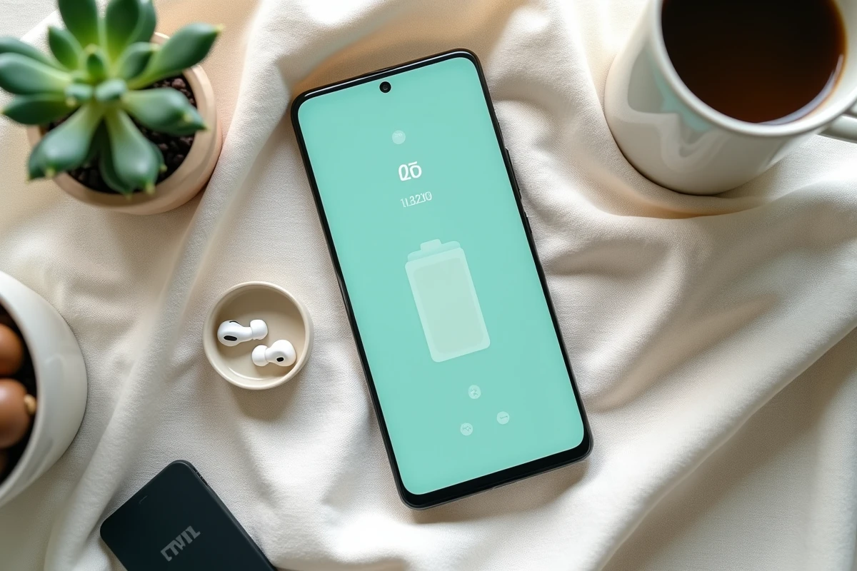 Vue de dessus du Samsung Galaxy S24 FE affichant les réglages d'optimisation de la batterie sur une surface en lin