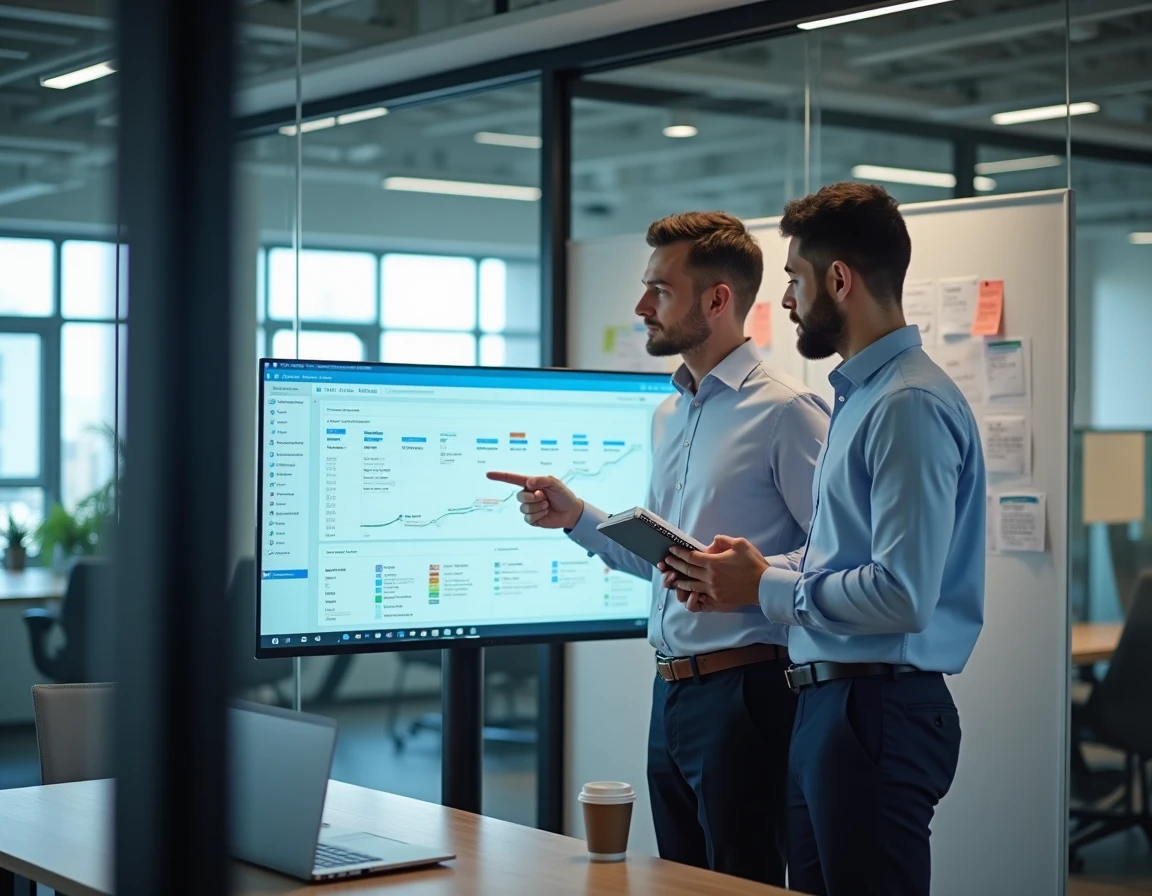 Deux fondateurs de startup collaborant sur la roadmap d'un produit SaaS en salle de réunion