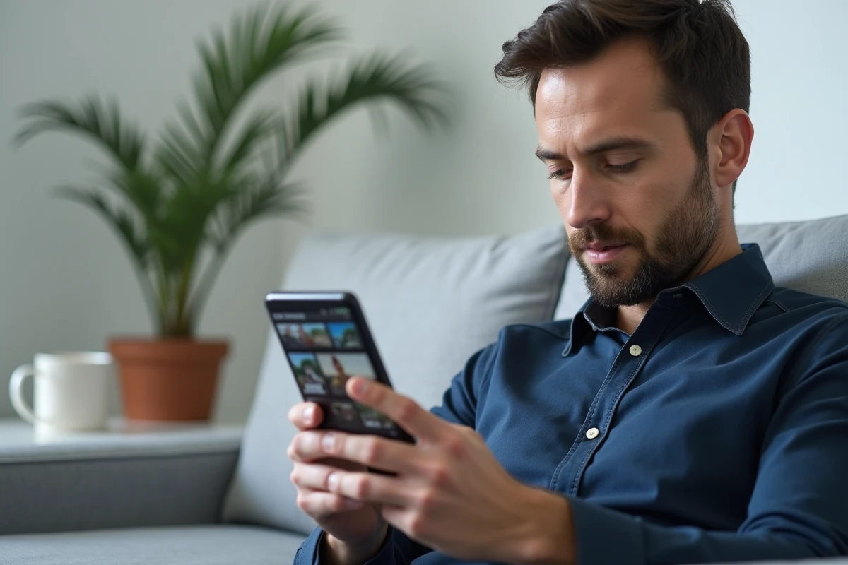 Homme consultant la galerie de son Samsung pour retrouver ses fichiers de captures d'écran enregistrés
