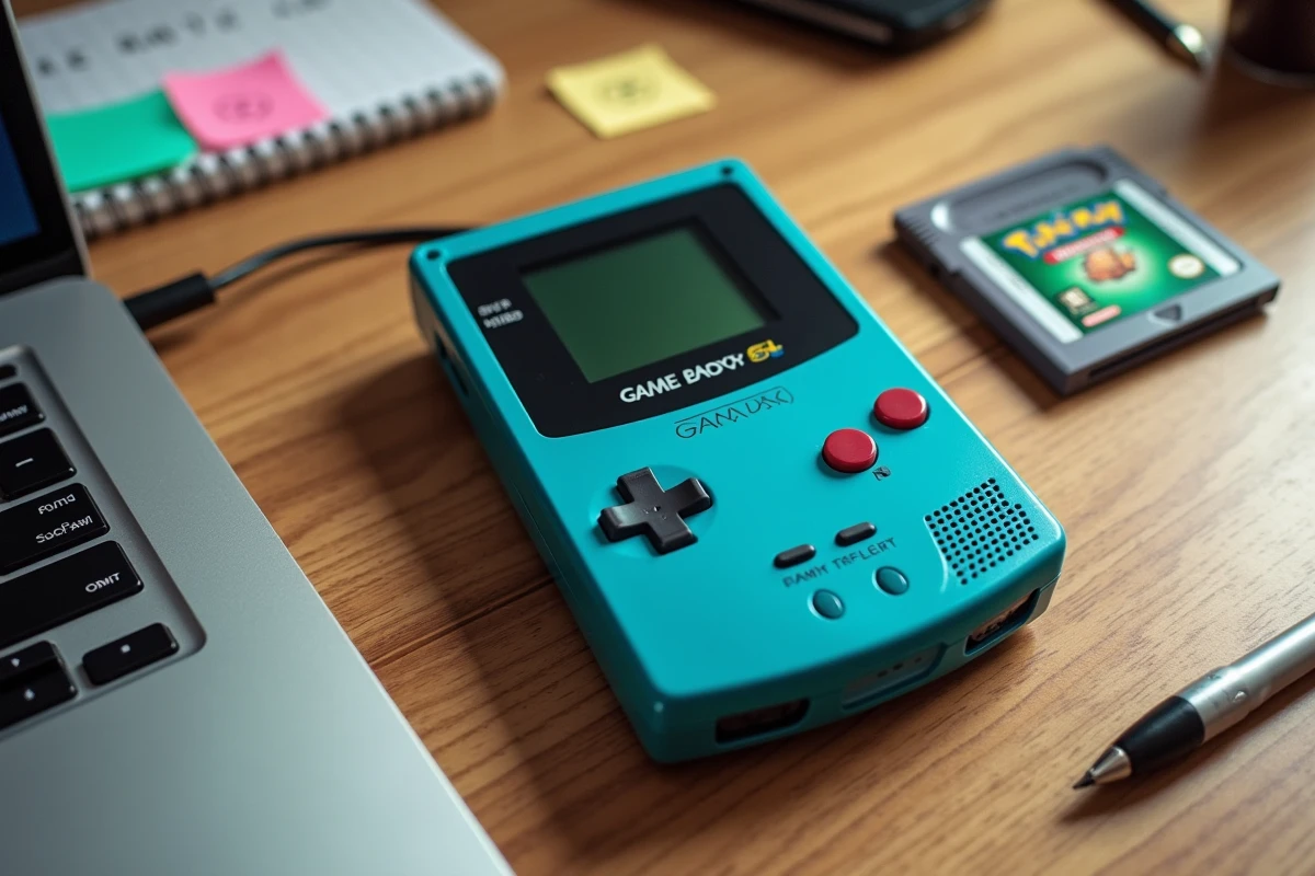 Flat lay d'une console Game Boy Advance avec cartouche Pokémon Émeraude et accessoires sur bureau en bois