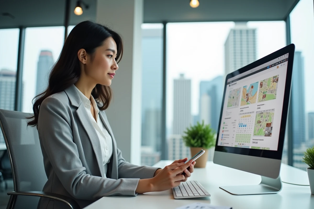 Gestionnaire immobilière travaillant sur un extranet centralisé avec dashboard de géolocalisation et application mobile simultanément