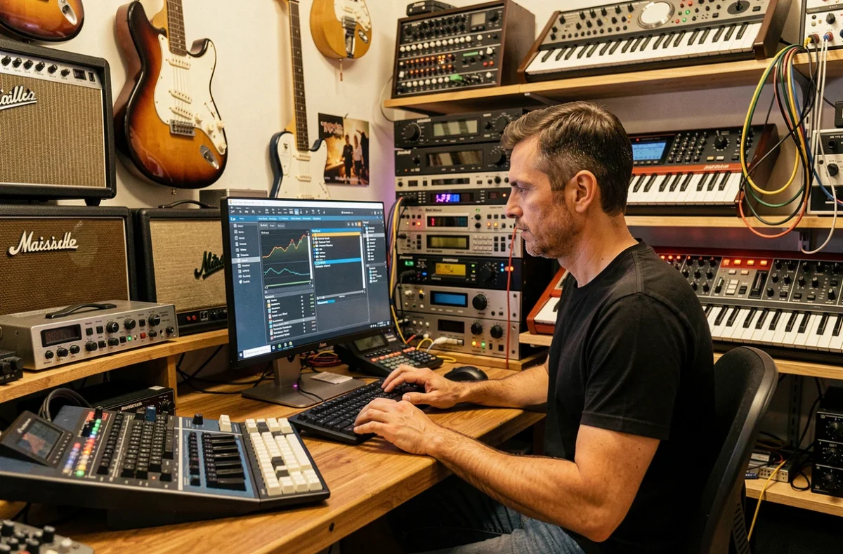 Technicien Global Music and Computer effectuant un diagnostic PC dans une boutique alliant musique et informatique à Marseille