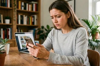Femme consultant son application Google Photos sur smartphone avec une expression préoccupée, illustrant les limites de stockage gratuit en 2026