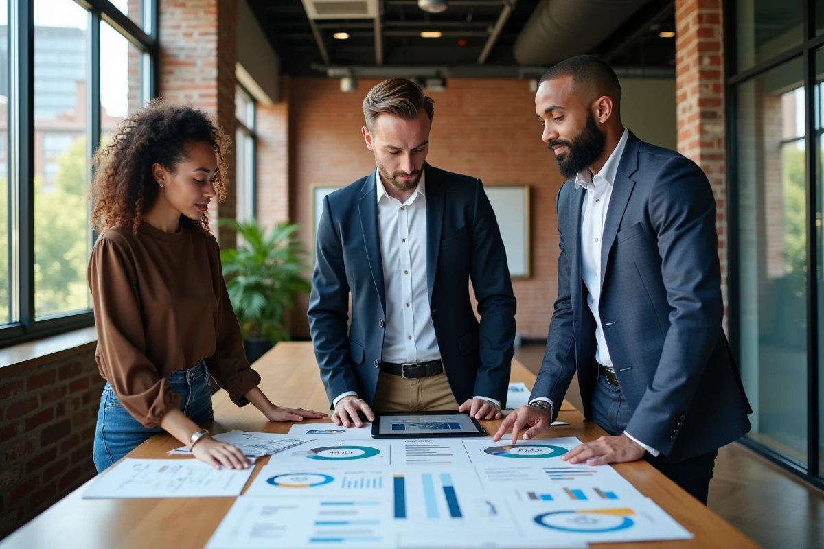 Groupe de marketeurs discutant stratégie SEO autour d