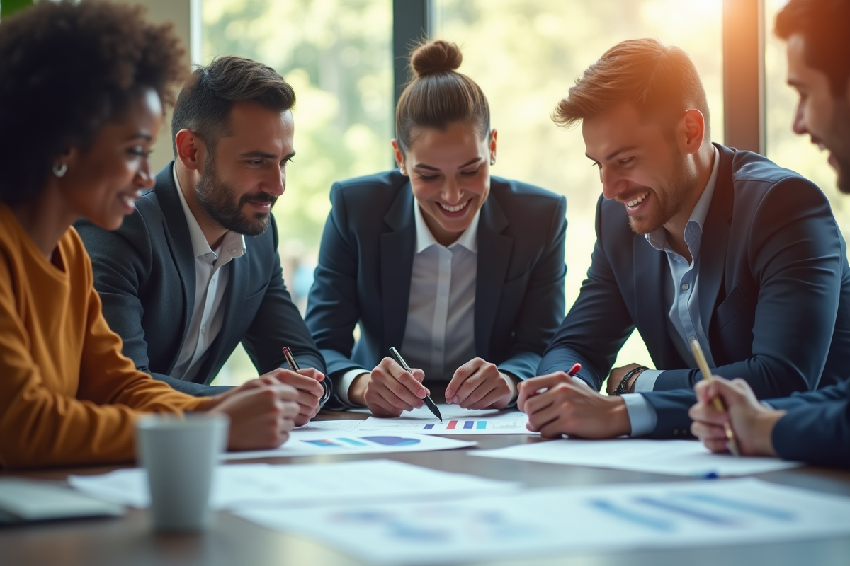 Groupe de professionnels discutant autour d