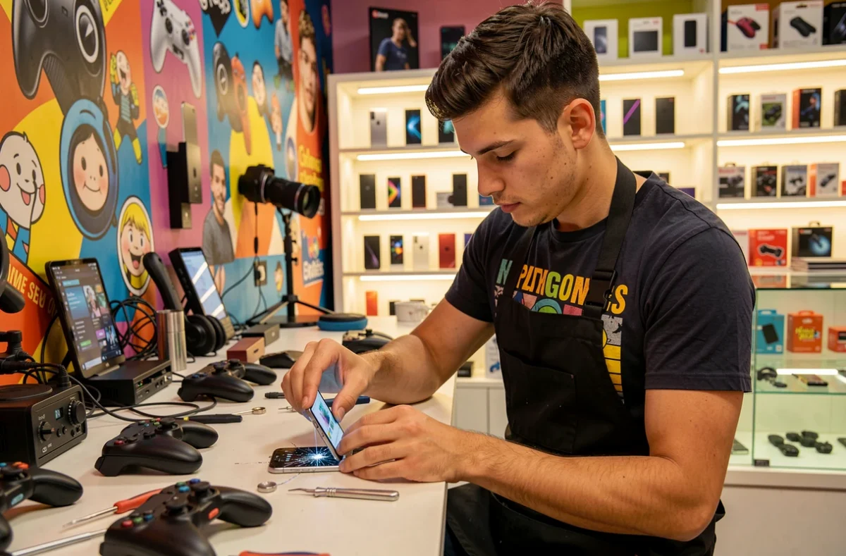 Technicien de GSM Game Réparation remplaçant l'écran d'un smartphone dans une boutique multimédia à Marseille