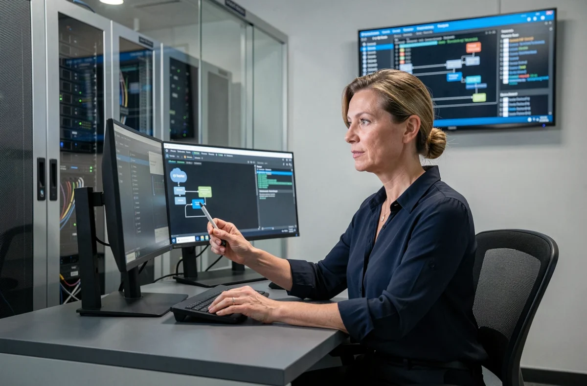 Ingénieure DevOps Hardis Group supervisant un pipeline de déploiement cloud dans un centre d'opérations d'infrastructure informatique