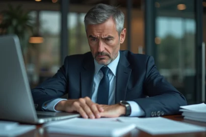 Homme d'affaires inquiet regardant des documents sensibles