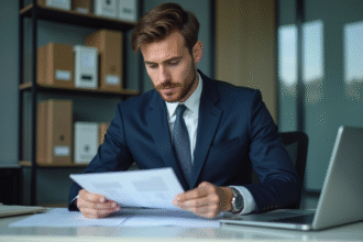 Homme d'affaires en costume bleu examine des documents