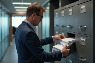Homme d'âge moyen verrouillant des documents importants dans un bureau moderne