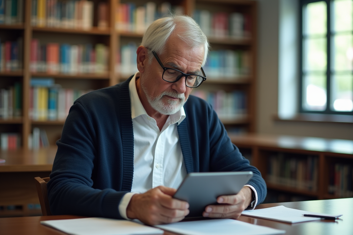 Homme lisant un document sur une tablette à la bibliothèque