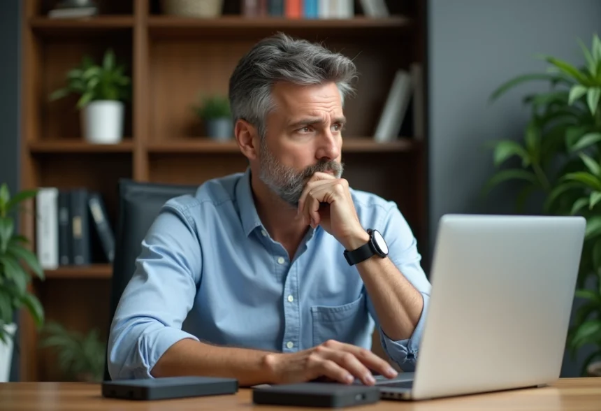 Homme d'affaires regardant deux disques durs et un ordinateur portable