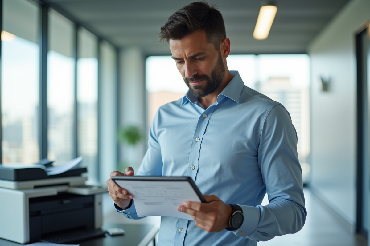Homme d affaires avec documents et imprimante moderne