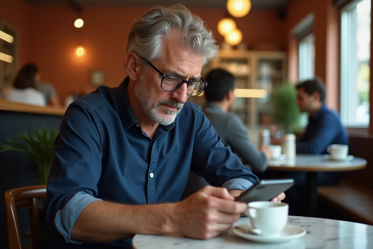 Homme lisant un avis sur l'iPhone 14 dans un café urbain avec une tasse de café et des lunettes de lecture