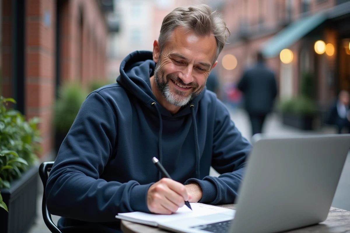 Homme en hoodie écrivant du code Python en extérieur