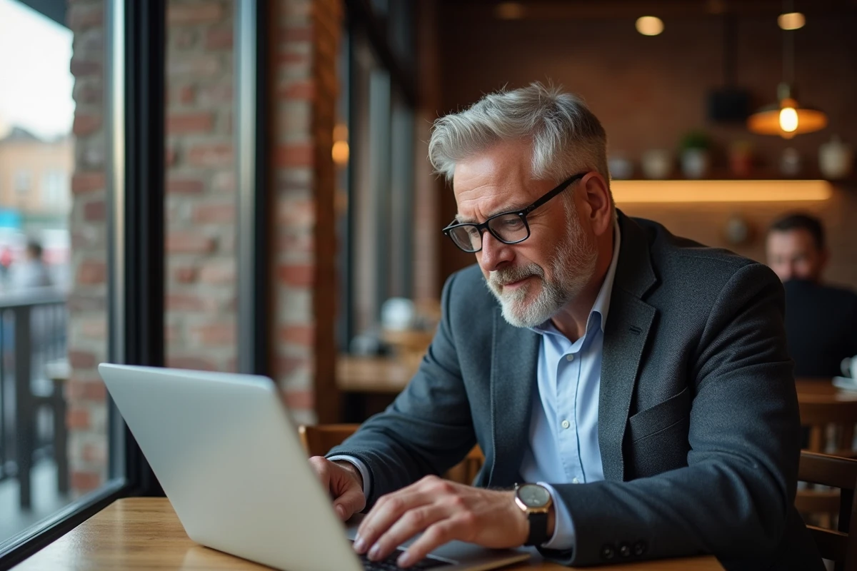 Homme au café examinant un tableau Excel sur son ordinateur