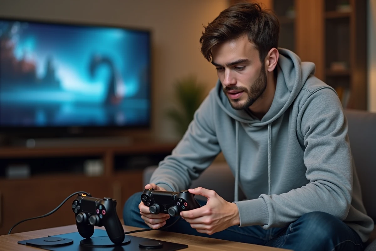 Homme inspectant un chargeur double pour manette PS4 dans un salon