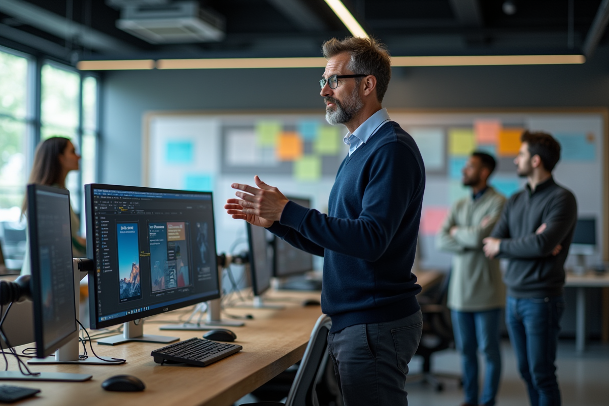 Homme en réunion dans un espace de travail créatif