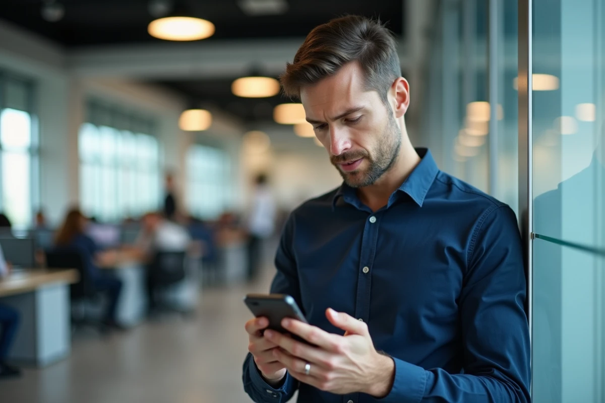 Homme configurant son compte mail webmail sur mobile dans un bureau professionnel moderne