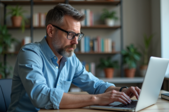 Homme d'âge moyen copiant des fichiers sur un disque dur dans un bureau moderne