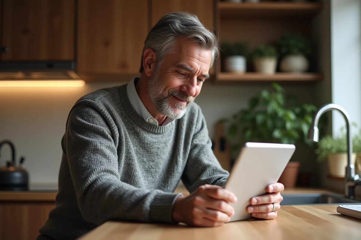 Homme d age moyen regardant sa tablette avec popup discret